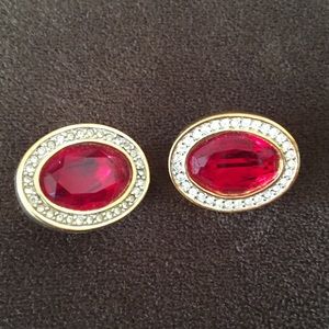 Swarovski crystal button oval ruby clip earrings